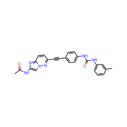 CC(=O)Nc1cn2nc(C#Cc3ccc(NC(=O)Nc4cccc(C)c4)cc3)ccc2n1 ZINC001772579107