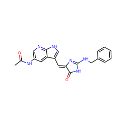 CC(=O)Nc1cnc2[nH]cc(/C=C3\N=C(NCc4ccccc4)NC3=O)c2c1 ZINC000040428920