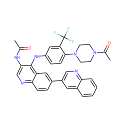 CC(=O)Nc1cnc2ccc(-c3cnc4ccccc4c3)cc2c1Nc1ccc(N2CCN(C(C)=O)CC2)c(C(F)(F)F)c1 ZINC000653735707