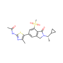 CC(=O)Nc1nc(C)c(-c2cc3c(c(S(C)(=O)=O)c2)C(=O)N([C@@H](C)C2CC2)C3)s1 ZINC001772572829