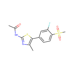 CC(=O)Nc1nc(C)c(-c2ccc(S(C)(=O)=O)c(F)c2)s1 ZINC000084689696