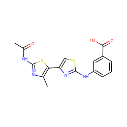 CC(=O)Nc1nc(C)c(-c2csc(Nc3cccc(C(=O)O)c3)n2)s1 ZINC000004162278