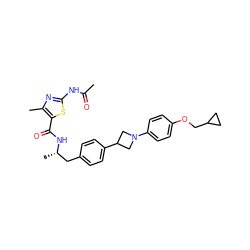 CC(=O)Nc1nc(C)c(C(=O)N[C@@H](C)Cc2ccc(C3CN(c4ccc(OCC5CC5)cc4)C3)cc2)s1 ZINC000149640119