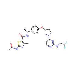 CC(=O)Nc1nc(C)c(C(=O)N[C@@H](C)c2ccc(O[C@@H]3CCN(c4ccnc(N(C)CC(F)F)n4)C3)cc2)s1 ZINC000261114374