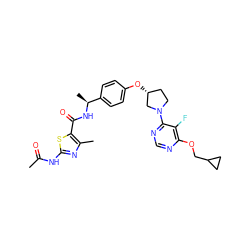 CC(=O)Nc1nc(C)c(C(=O)N[C@@H](C)c2ccc(O[C@@H]3CCN(c4ncnc(OCC5CC5)c4F)C3)cc2)s1 ZINC000218549708