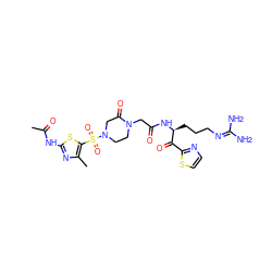 CC(=O)Nc1nc(C)c(S(=O)(=O)N2CCN(CC(=O)N[C@@H](CCCN=C(N)N)C(=O)c3nccs3)C(=O)C2)s1 ZINC000027856610