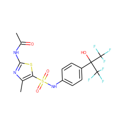 CC(=O)Nc1nc(C)c(S(=O)(=O)Nc2ccc(C(O)(C(F)(F)F)C(F)(F)F)cc2)s1 ZINC000068268147