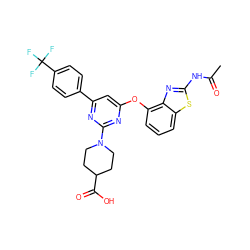 CC(=O)Nc1nc2c(Oc3cc(-c4ccc(C(F)(F)F)cc4)nc(N4CCC(C(=O)O)CC4)n3)cccc2s1 ZINC000028961164