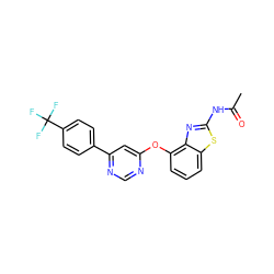 CC(=O)Nc1nc2c(Oc3cc(-c4ccc(C(F)(F)F)cc4)ncn3)cccc2s1 ZINC000014974132