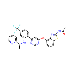 CC(=O)Nc1nc2c(Oc3cc(-c4ccc(C(F)(F)F)cc4N[C@@H](C)c4ccccn4)ncn3)cccc2s1 ZINC000042921676