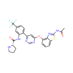 CC(=O)Nc1nc2c(Oc3cc(-c4ccc(C(F)(F)F)cc4NC(=O)[C@@H]4CCCN4)ncn3)cccc2s1 ZINC000049881947