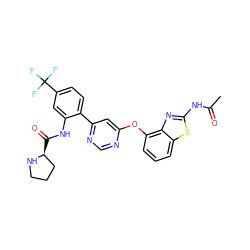 CC(=O)Nc1nc2c(Oc3cc(-c4ccc(C(F)(F)F)cc4NC(=O)[C@H]4CCCN4)ncn3)cccc2s1 ZINC000049881884