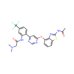 CC(=O)Nc1nc2c(Oc3cc(-c4ccc(C(F)(F)F)cc4NC(=O)CN(C)C)ncn3)cccc2s1 ZINC000049888652