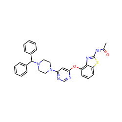 CC(=O)Nc1nc2c(Oc3cc(N4CCN(C(c5ccccc5)c5ccccc5)CC4)ncn3)cccc2s1 ZINC000014974180