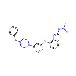 CC(=O)Nc1nc2c(Oc3cc(N4CCN(Cc5ccccc5)CC4)ncn3)cccc2s1 ZINC000014974174