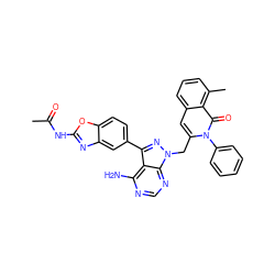 CC(=O)Nc1nc2cc(-c3nn(Cc4cc5cccc(C)c5c(=O)n4-c4ccccc4)c4ncnc(N)c34)ccc2o1 ZINC000088346017