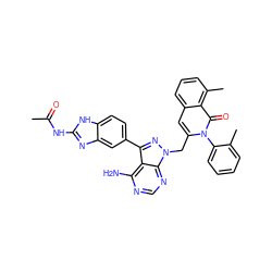 CC(=O)Nc1nc2cc(-c3nn(Cc4cc5cccc(C)c5c(=O)n4-c4ccccc4C)c4ncnc(N)c34)ccc2[nH]1 ZINC000088345671