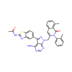 CC(=O)Nc1nc2cc(-c3nn(Cc4cc5cccc(C)c5c(=O)n4-c4ccccc4C)c4ncnc(N)c34)ccc2s1 ZINC000142837957