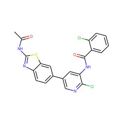 CC(=O)Nc1nc2ccc(-c3cnc(Cl)c(NC(=O)c4ccccc4Cl)c3)cc2s1 ZINC000474609901