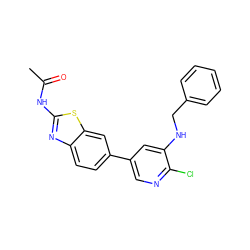 CC(=O)Nc1nc2ccc(-c3cnc(Cl)c(NCc4ccccc4)c3)cc2s1 ZINC000474608417