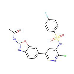 CC(=O)Nc1nc2ccc(-c3cnc(Cl)c(NS(=O)(=O)c4ccc(F)cc4)c3)cc2o1 ZINC000072180899