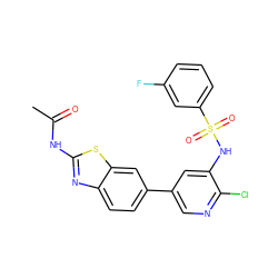 CC(=O)Nc1nc2ccc(-c3cnc(Cl)c(NS(=O)(=O)c4cccc(F)c4)c3)cc2s1 ZINC000071329702