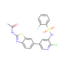 CC(=O)Nc1nc2ccc(-c3cnc(Cl)c(NS(=O)(=O)c4ccccc4F)c3)cc2s1 ZINC000071330105