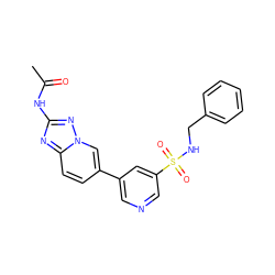 CC(=O)Nc1nc2ccc(-c3cncc(S(=O)(=O)NCc4ccccc4)c3)cn2n1 ZINC000084726115