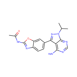 CC(=O)Nc1nc2ccc(-c3nn(C(C)C)c4ncnc(N)c34)cc2o1 ZINC000142415693