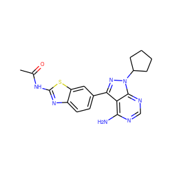 CC(=O)Nc1nc2ccc(-c3nn(C4CCCC4)c4ncnc(N)c34)cc2s1 ZINC000095564447