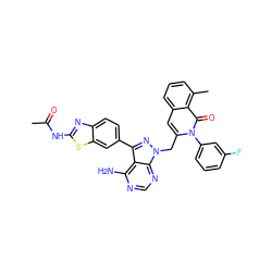 CC(=O)Nc1nc2ccc(-c3nn(Cc4cc5cccc(C)c5c(=O)n4-c4cccc(F)c4)c4ncnc(N)c34)cc2s1 ZINC000088345602