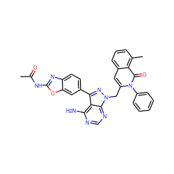 CC(=O)Nc1nc2ccc(-c3nn(Cc4cc5cccc(C)c5c(=O)n4-c4ccccc4)c4ncnc(N)c34)cc2o1 ZINC000088346092