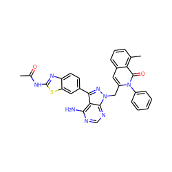 CC(=O)Nc1nc2ccc(-c3nn(Cc4cc5cccc(C)c5c(=O)n4-c4ccccc4)c4ncnc(N)c34)cc2s1 ZINC000088345871