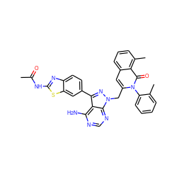 CC(=O)Nc1nc2ccc(-c3nn(Cc4cc5cccc(C)c5c(=O)n4-c4ccccc4C)c4ncnc(N)c34)cc2s1 ZINC000095564492