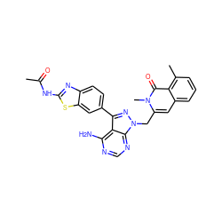 CC(=O)Nc1nc2ccc(-c3nn(Cc4cc5cccc(C)c5c(=O)n4C)c4ncnc(N)c34)cc2s1 ZINC000088346102