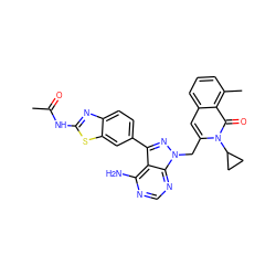 CC(=O)Nc1nc2ccc(-c3nn(Cc4cc5cccc(C)c5c(=O)n4C4CC4)c4ncnc(N)c34)cc2s1 ZINC000088346154