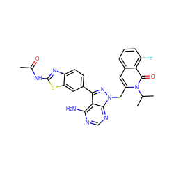 CC(=O)Nc1nc2ccc(-c3nn(Cc4cc5cccc(F)c5c(=O)n4C(C)C)c4ncnc(N)c34)cc2s1 ZINC000088346126