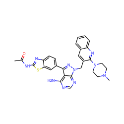 CC(=O)Nc1nc2ccc(-c3nn(Cc4cc5ccccc5nc4N4CCN(C)CC4)c4ncnc(N)c34)cc2s1 ZINC000051768790