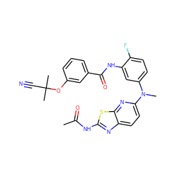 CC(=O)Nc1nc2ccc(N(C)c3ccc(F)c(NC(=O)c4cccc(OC(C)(C)C#N)c4)c3)nc2s1 ZINC000095561508