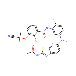 CC(=O)Nc1nc2ccc(N(C)c3ccc(F)c(NC(=O)c4cccc(OC(C)(C)C#N)c4Cl)c3)nc2s1 ZINC000095561713