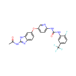 CC(=O)Nc1nc2ccc(Oc3ccc(NC(=O)Nc4cc(C(F)(F)F)ccc4F)nc3)cc2[nH]1 ZINC000014965540