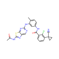 CC(=O)Nc1nc2cnc(Nc3cc(NC(=O)c4cccc(C5(C#N)CC5)c4Cl)ccc3C)nc2s1 ZINC000095563352