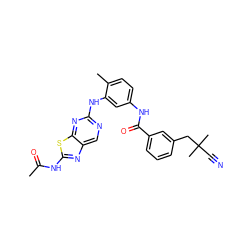 CC(=O)Nc1nc2cnc(Nc3cc(NC(=O)c4cccc(CC(C)(C)C#N)c4)ccc3C)nc2s1 ZINC000095561328