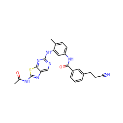 CC(=O)Nc1nc2cnc(Nc3cc(NC(=O)c4cccc(CCC#N)c4)ccc3C)nc2s1 ZINC000095564155