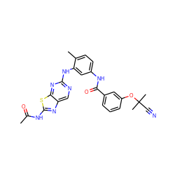 CC(=O)Nc1nc2cnc(Nc3cc(NC(=O)c4cccc(OC(C)(C)C#N)c4)ccc3C)nc2s1 ZINC000095559583