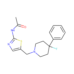 CC(=O)Nc1ncc(CN2CCC(F)(c3ccccc3)CC2)s1 ZINC000218896832