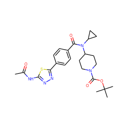 CC(=O)Nc1nnc(-c2ccc(C(=O)N(C3CC3)C3CCN(C(=O)OC(C)(C)C)CC3)cc2)s1 ZINC000223643581