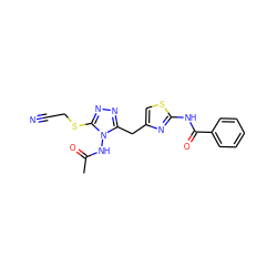 CC(=O)Nn1c(Cc2csc(NC(=O)c3ccccc3)n2)nnc1SCC#N ZINC000028816930