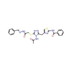 CC(=O)Nn1c(Cc2csc(NC(=O)c3ccccc3)n2)nnc1SCC(=O)N/N=C/c1ccccc1 ZINC000028816996