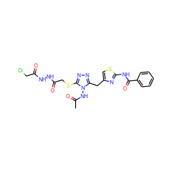 CC(=O)Nn1c(Cc2csc(NC(=O)c3ccccc3)n2)nnc1SCC(=O)NNC(=O)CCl ZINC000028816986